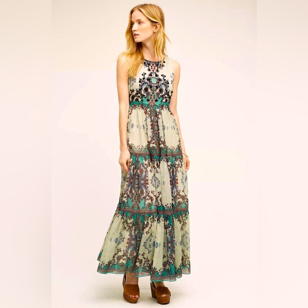 Anthropologie Floral Maxi Dress - Cream and Green